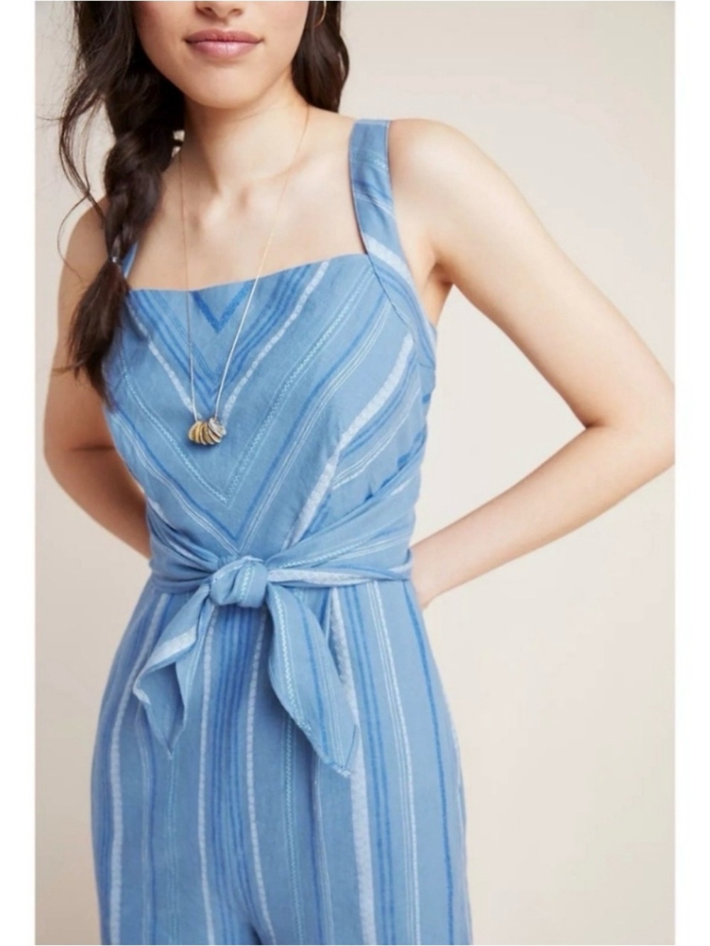 Anthropologie Laguna Blue Striped Linen Tie Jumpsuit size 0